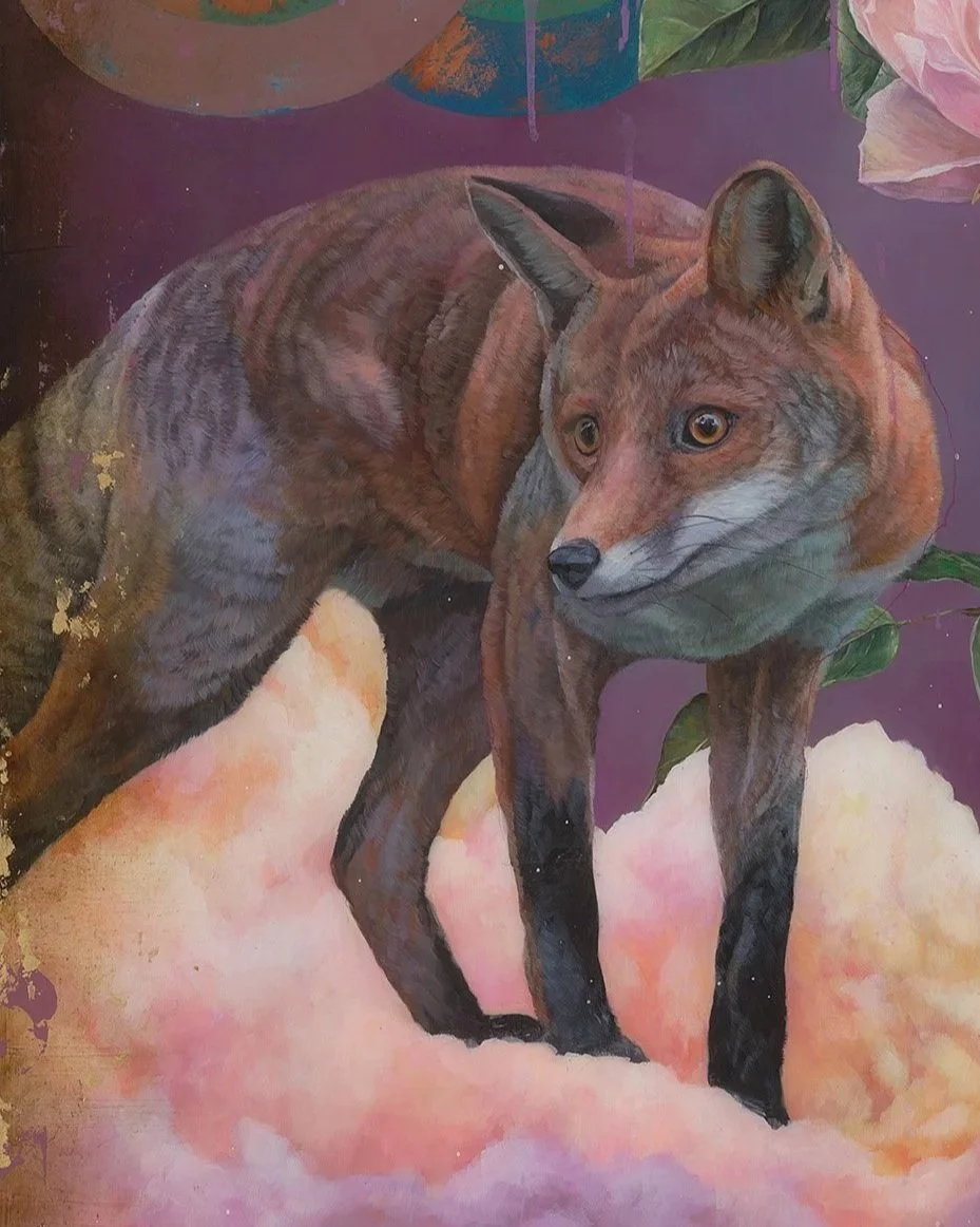 Detail of The Crossing, acrylic and mixed media with resin, by Sarah Helser — fox figure, The Blue Hour: Sovereign series.