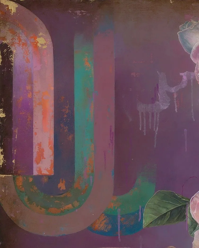 Colorful abstract artwork with a large U-shape and a floral element with pink and green leaves in the corner.