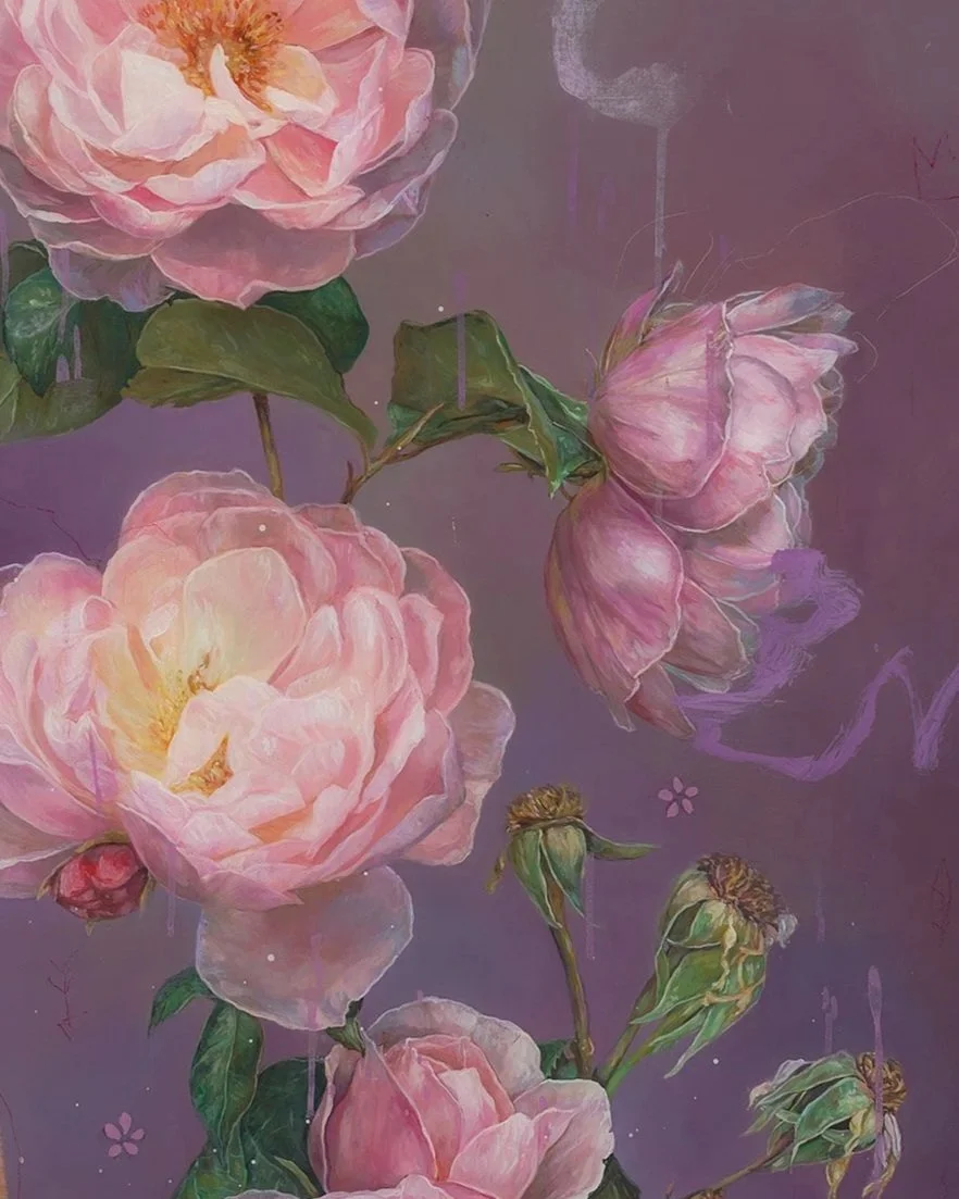 Detail of The Crossing, acrylic and mixed media with resin, by Sarah Helser — roses, The Blue Hour: Sovereign series.