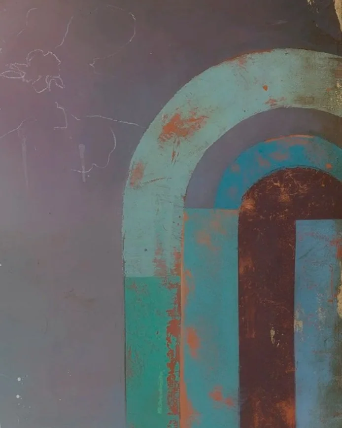 Abstract artwork featuring a large, weathered arch shape with shades of teal, brown, and blue, with faint chalk sketches of clouds and a train in the upper left corner.