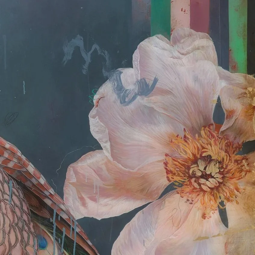 Close-up of a large, detailed flower painting with pink and peach petals and an orange and yellow center, against a dark background with some colorful vertical stripes.