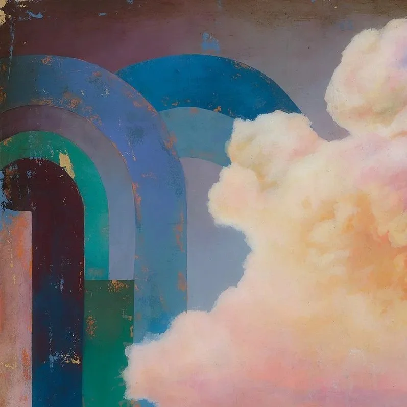 Abstract artwork featuring arch shapes in shades of blue and green on the left and a large, fluffy pastel-colored cloud on the right, with a muted background.