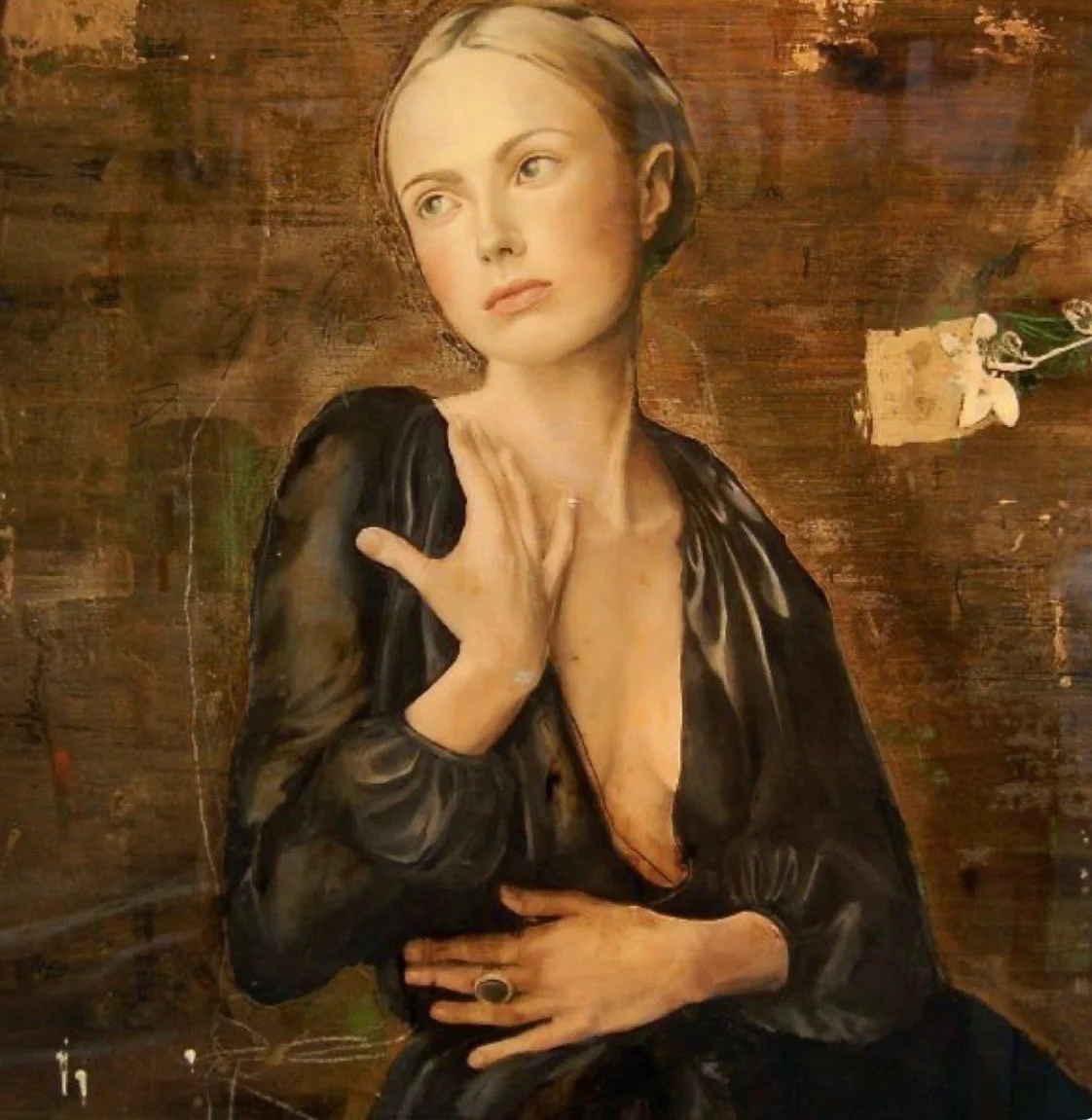 A painted portrait of a young woman with short blonde hair, wearing a black dress with a plunging neckline, holding her left hand to her neck and her right hand on her waist, against a wooden background with a flower on the right side.
