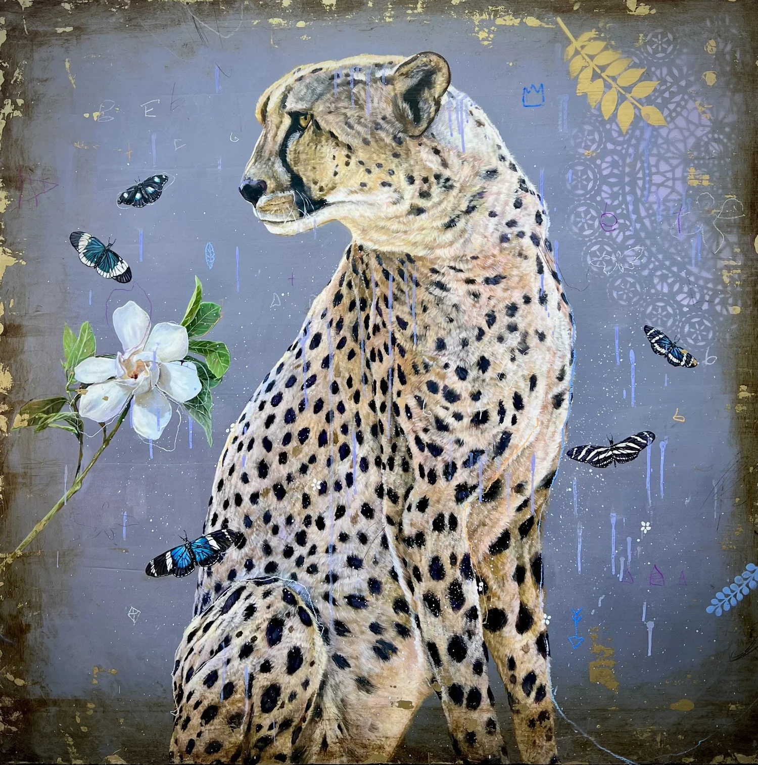 Painting of a cheetah surrounded by butterflies, white flower, and abstract decorative elements on a gray background.