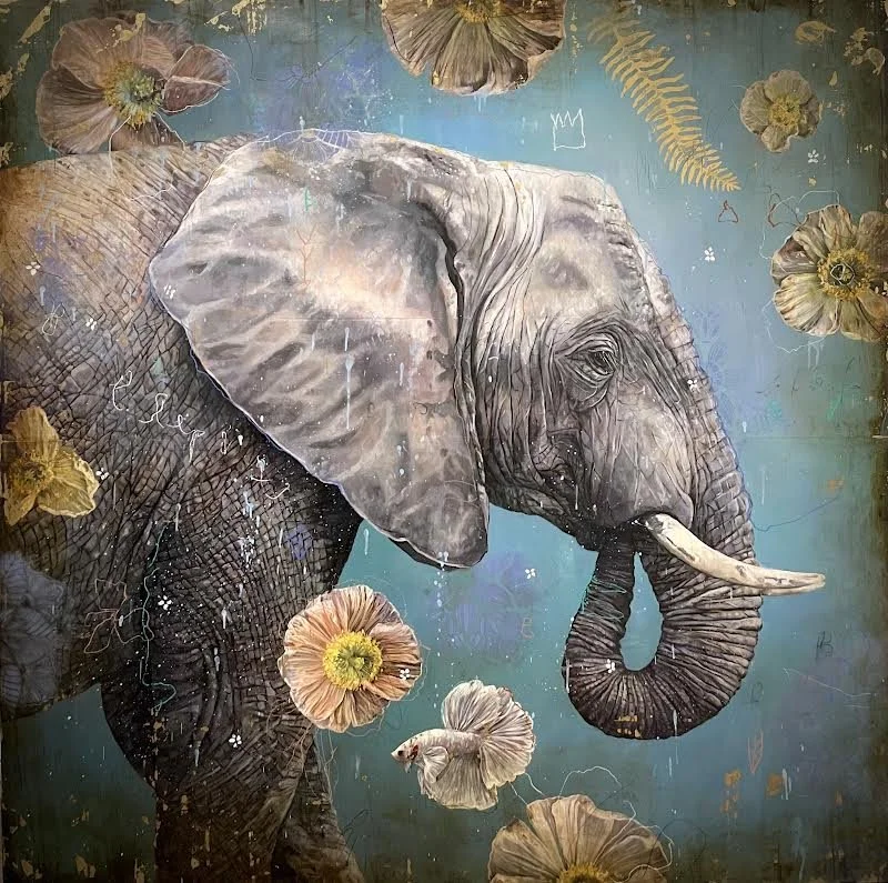 A detailed mural of an elephant with realistic textures and shading, decorated with floating flowers and leaves against a blue background.