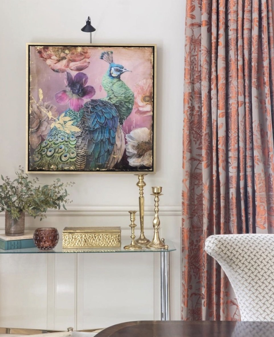 Untitled (Peacock) displayed in residential interior, acrylic and mixed media, Sarah Helser Art