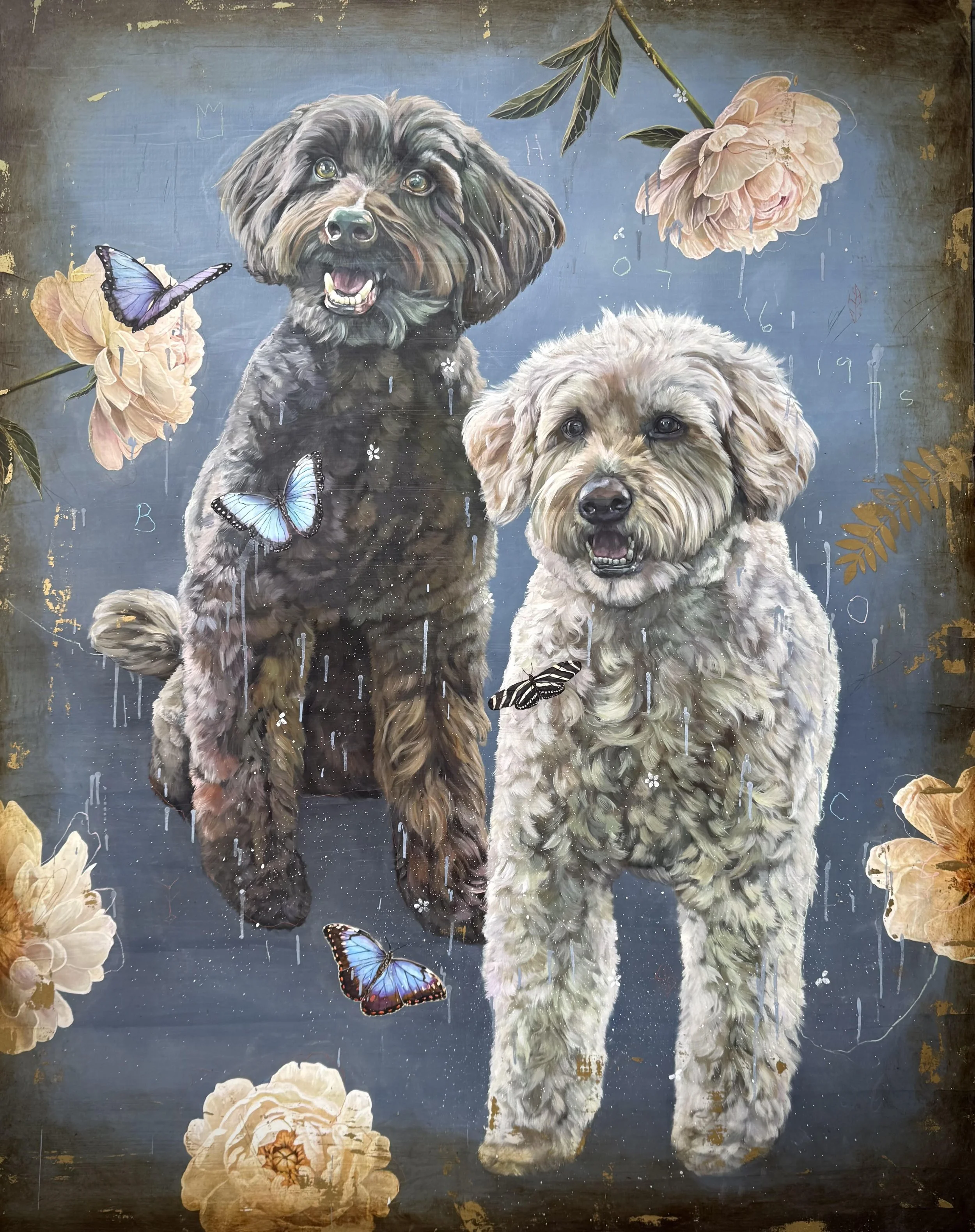 Painting of two adorable dogs, one with dark curly fur and the other with light curly fur, surrounded by pink and beige flowers and colorful butterflies against a blue background.