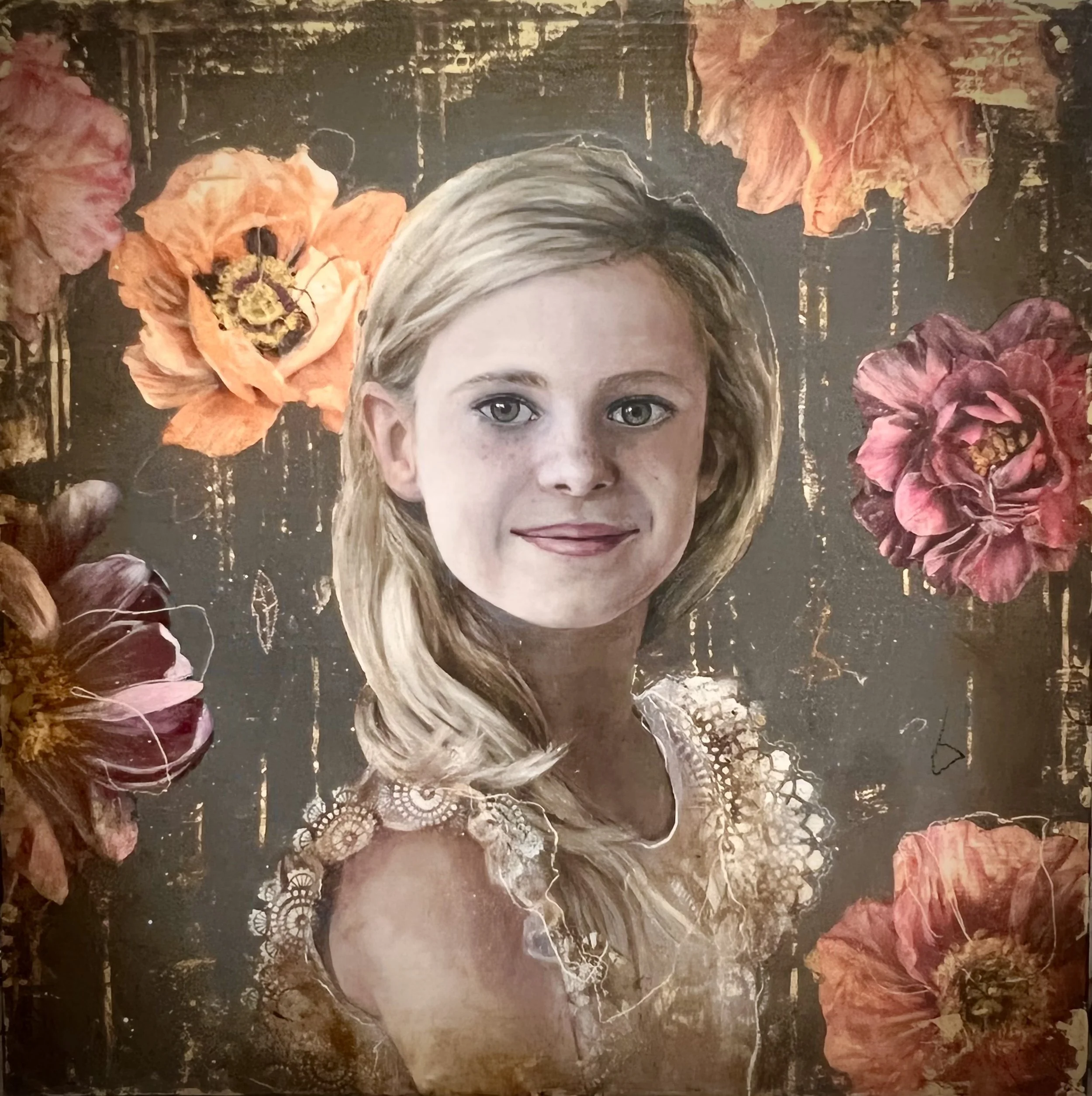 A portrait of a young woman with blonde hair, blue eyes, and a subtle smile, surrounded by large, colorful flowers on a textured dark background.