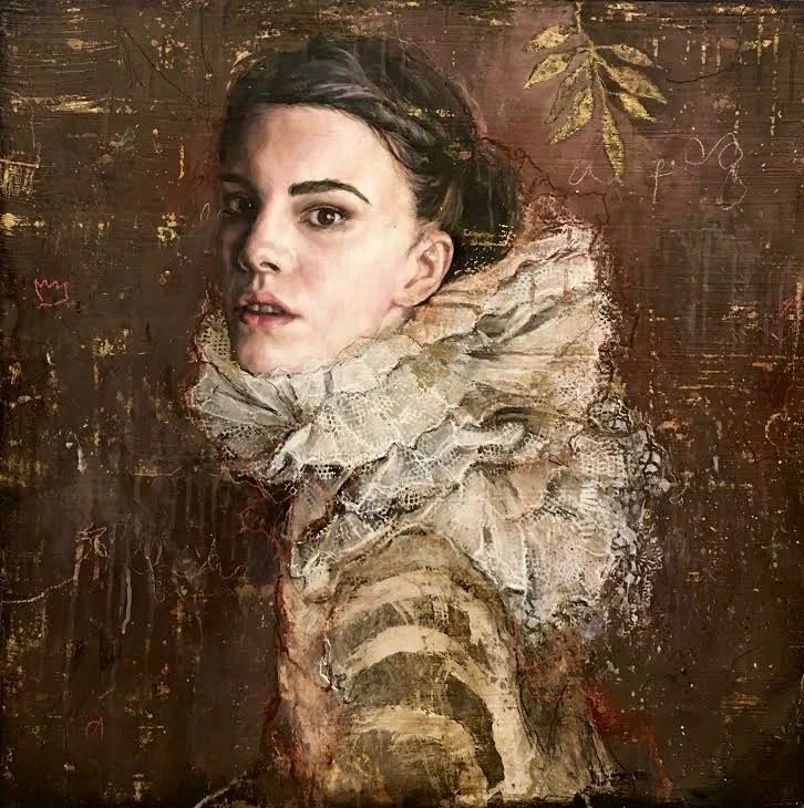 Portrait of a woman with dark hair, wearing an elaborate lace ruffled collar, against a textured dark brown background with gold leaves at the top right corner.