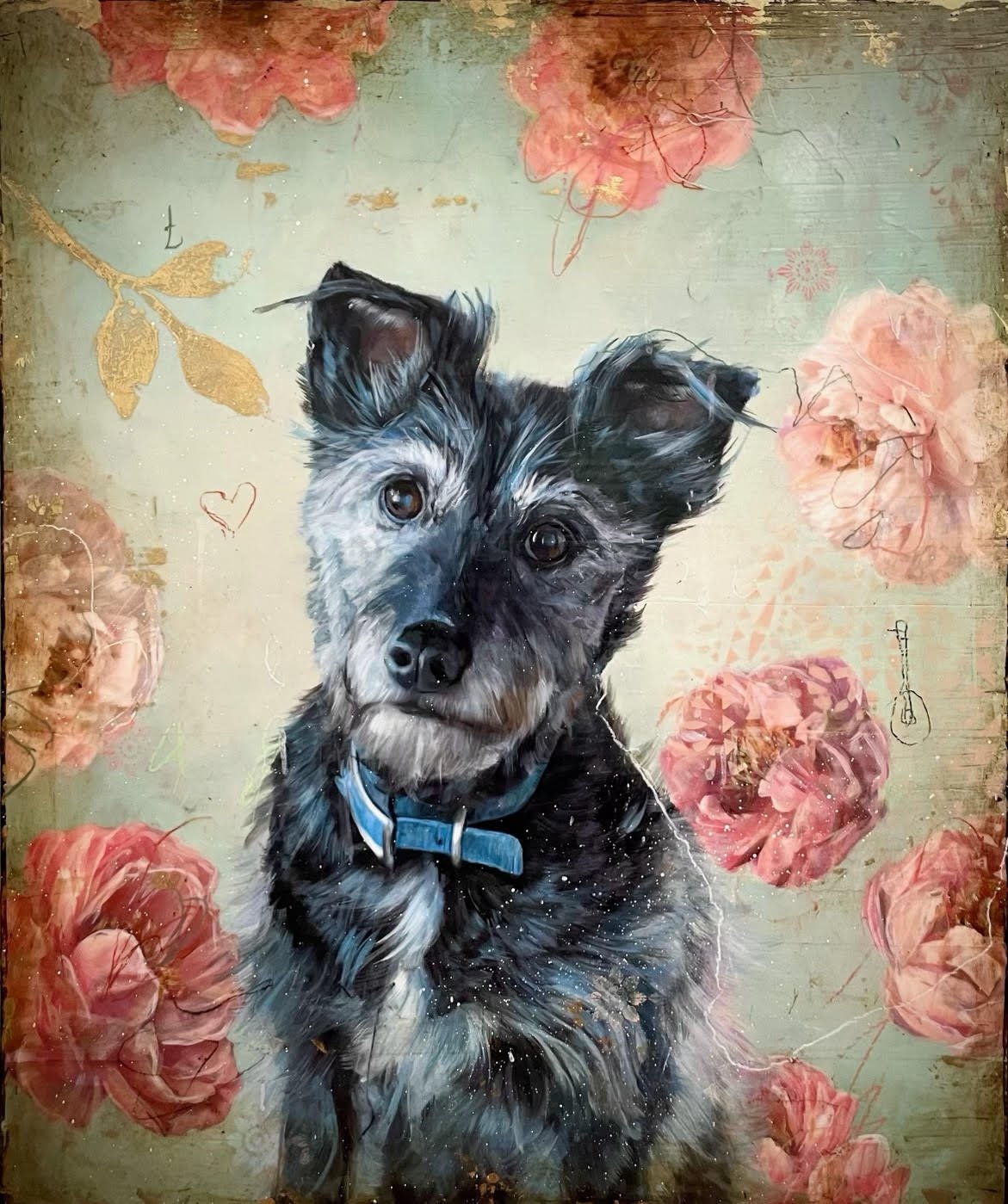 A painting of a black and gray dog with one ear up, surrounded by pink roses and decorative sketches, on a textured background.
