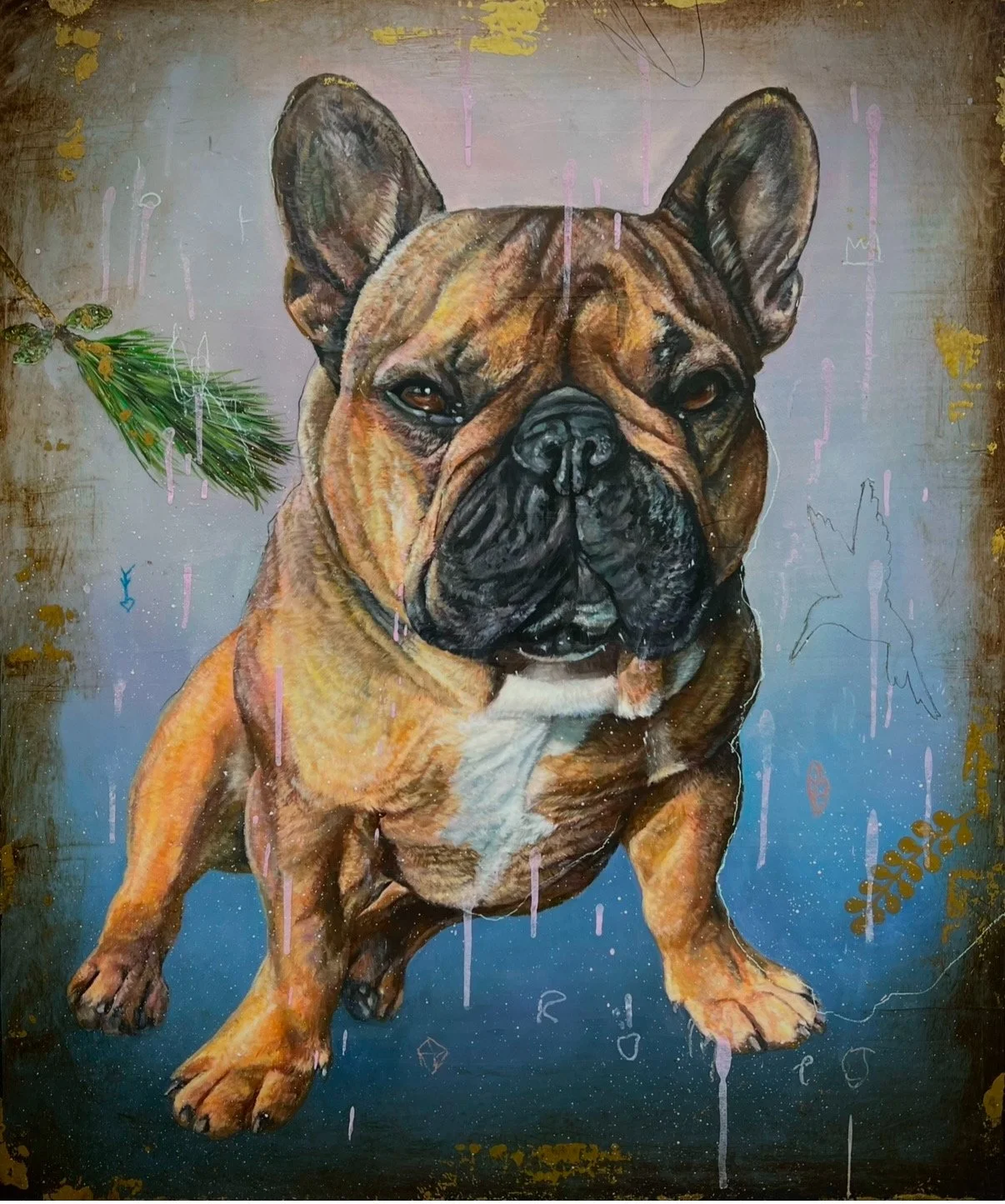 Painting of a French Bulldog with a serious expression, standing on a blue background with pine branches and gold accents.