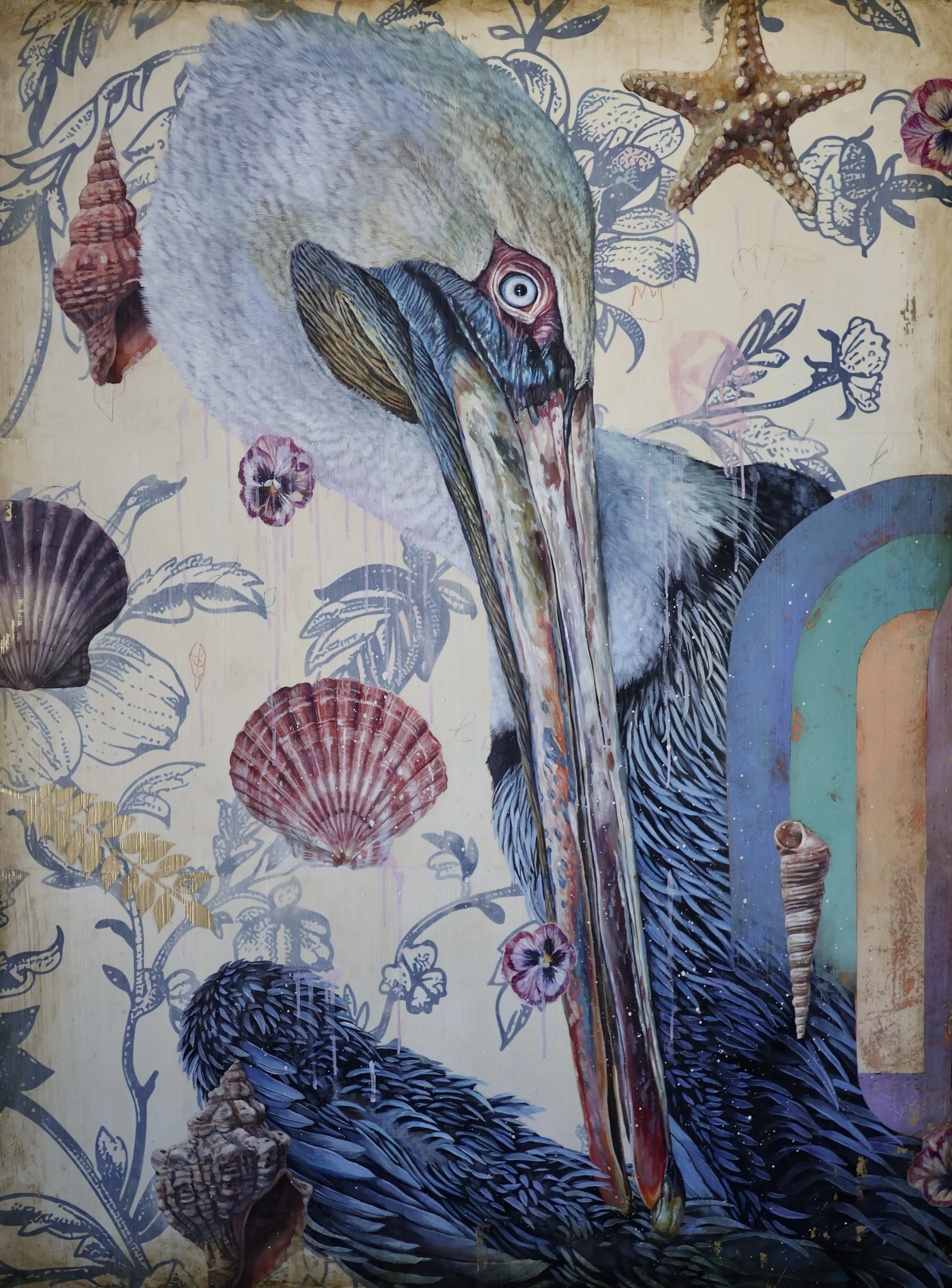 pelican with blue wallpapered background