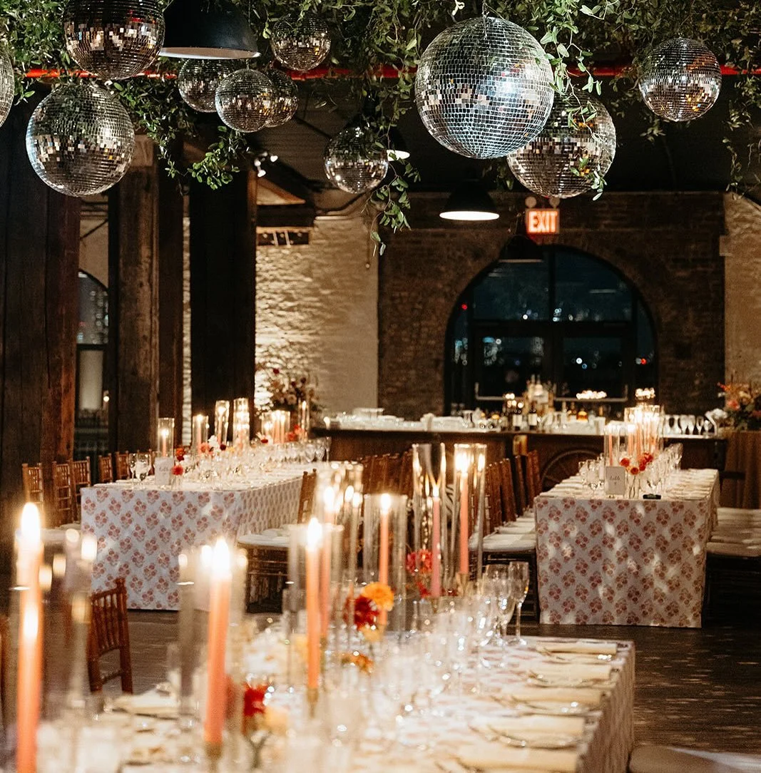 Printed linens &amp; disco balls - hoping these are always here to stay. I also love mixing a printed linen and solid linen for different table shapes and sizes! 

Wedding planner: @ashley.peraino 
Photographer: @forgedinthenorth 
Venue: @thelibertyw