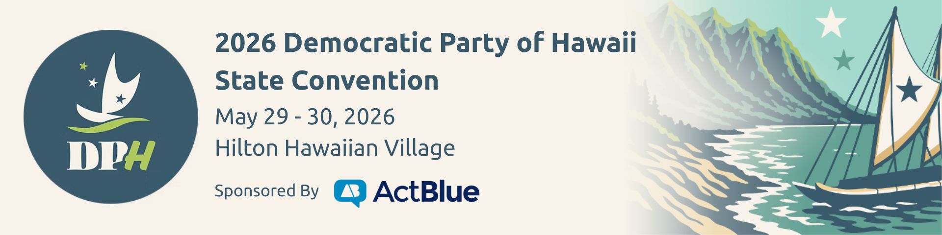 Event poster for the 2026 Democratic Party of Hawaii State Convention featuring a sailboat on the water, mountains, stars, and the event details in text.