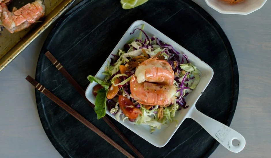 Citrus Alaska Spot Prawns with Sesame Cabbage Salad