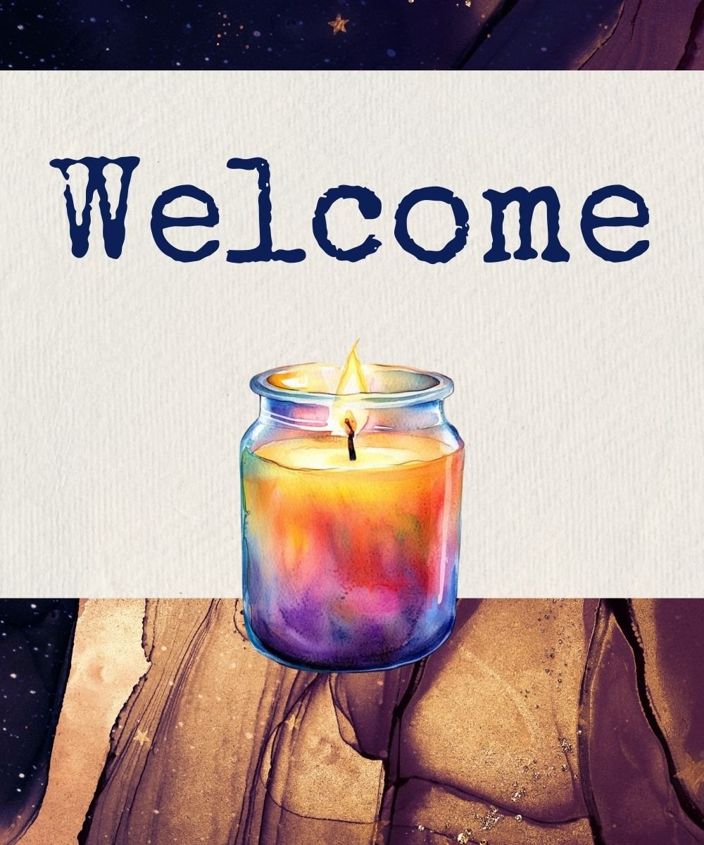 Says "Welcome" with vibrant watercolor candle