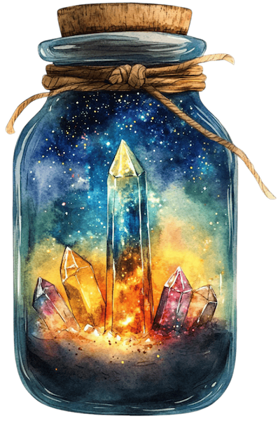 Colorful crystals and stars in a glass jar