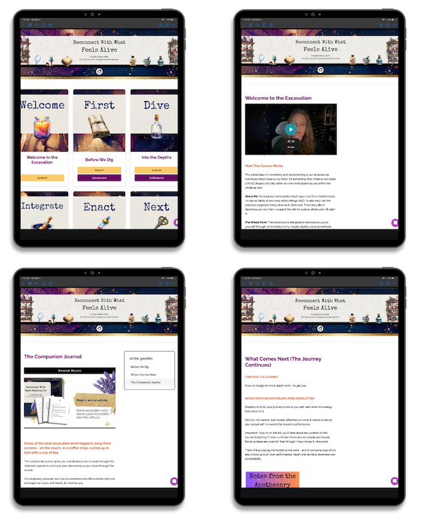 Four tablets showing screenshots of the hub
