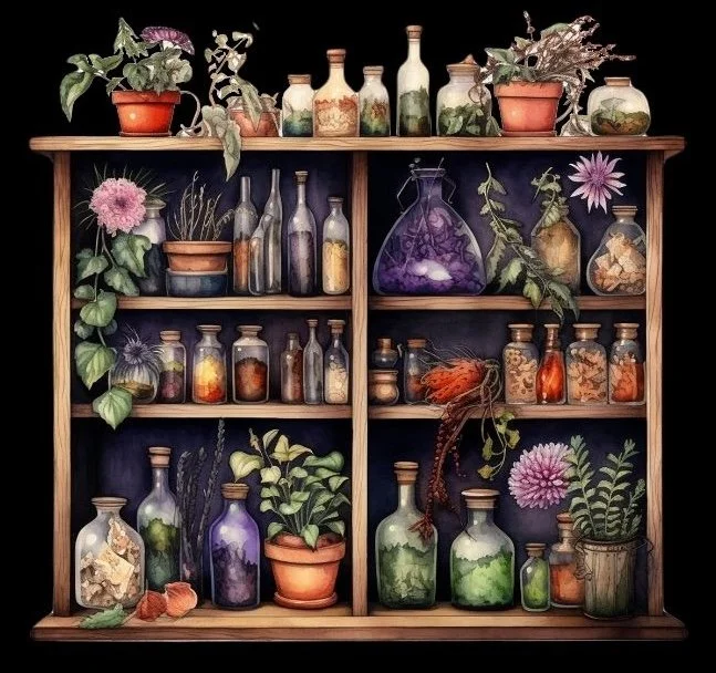 Watercolor apothecary shelving with lots of plants and medicines