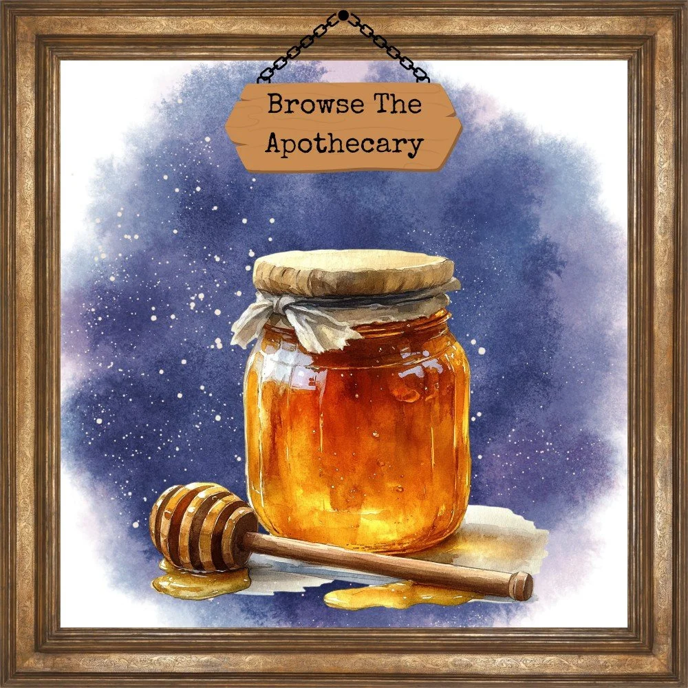 Jar of honey in picture frame - says "Browse the apothecary"