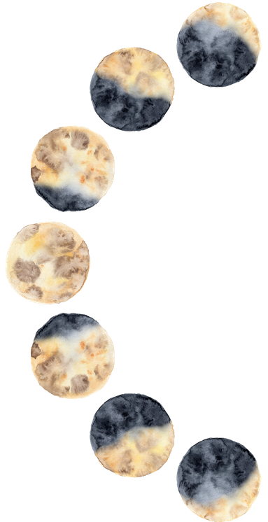 The phases of the moon in an arc, in watercolor.