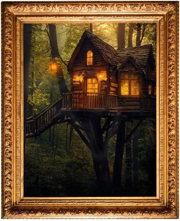 Log cabin in the woods - literally in a tree - lit with lanterns all around. Looks super cozy