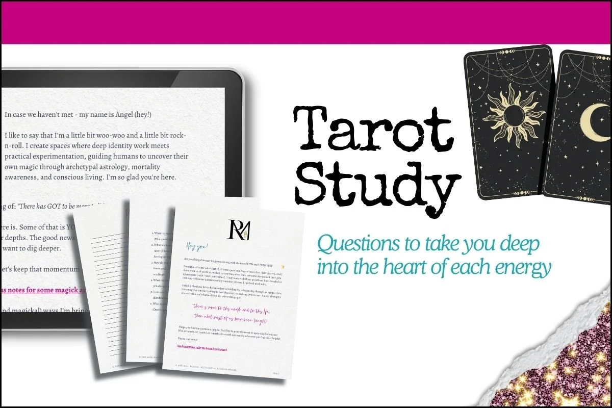 A tarot study booklet cover featuring three tarot cards with moon, star, and sun designs, a tablet displaying a letter or notes, and piles of paper or notes, with a decorative glitter section in the bottom right corner.