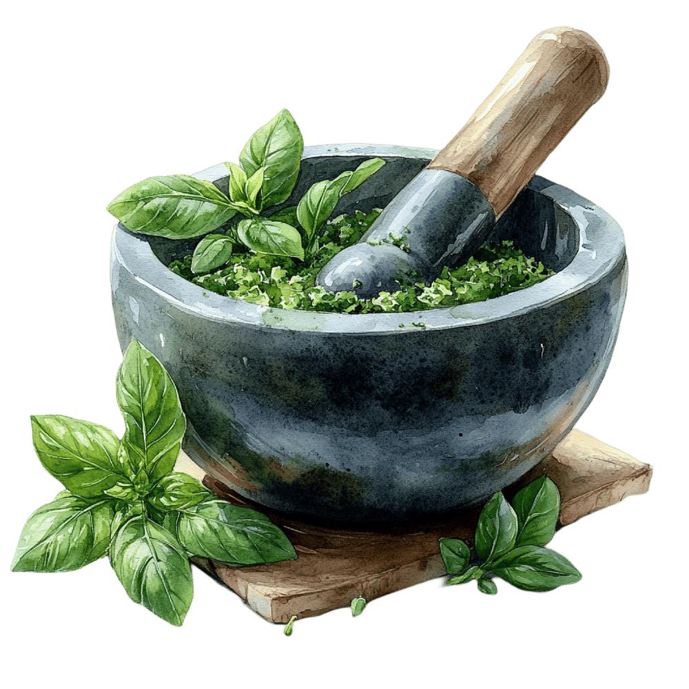 Mortar & pestle with lots of green leaves
