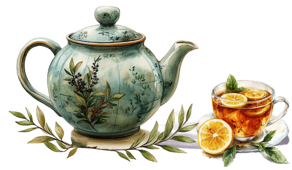 A pretty teapot & glass cup of tea with lemons