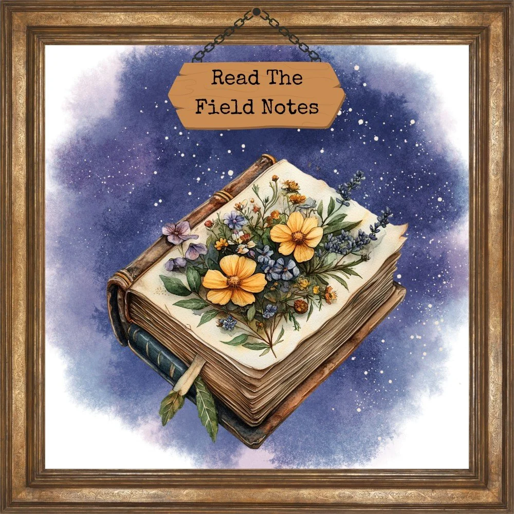 Image of old watercolor book with flowers inside a picture frame - says "Read the field notes"