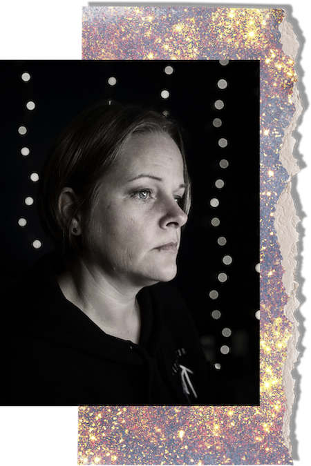 Black and white photo of white woman looking to the right. Sparkly ripped collage paper behind