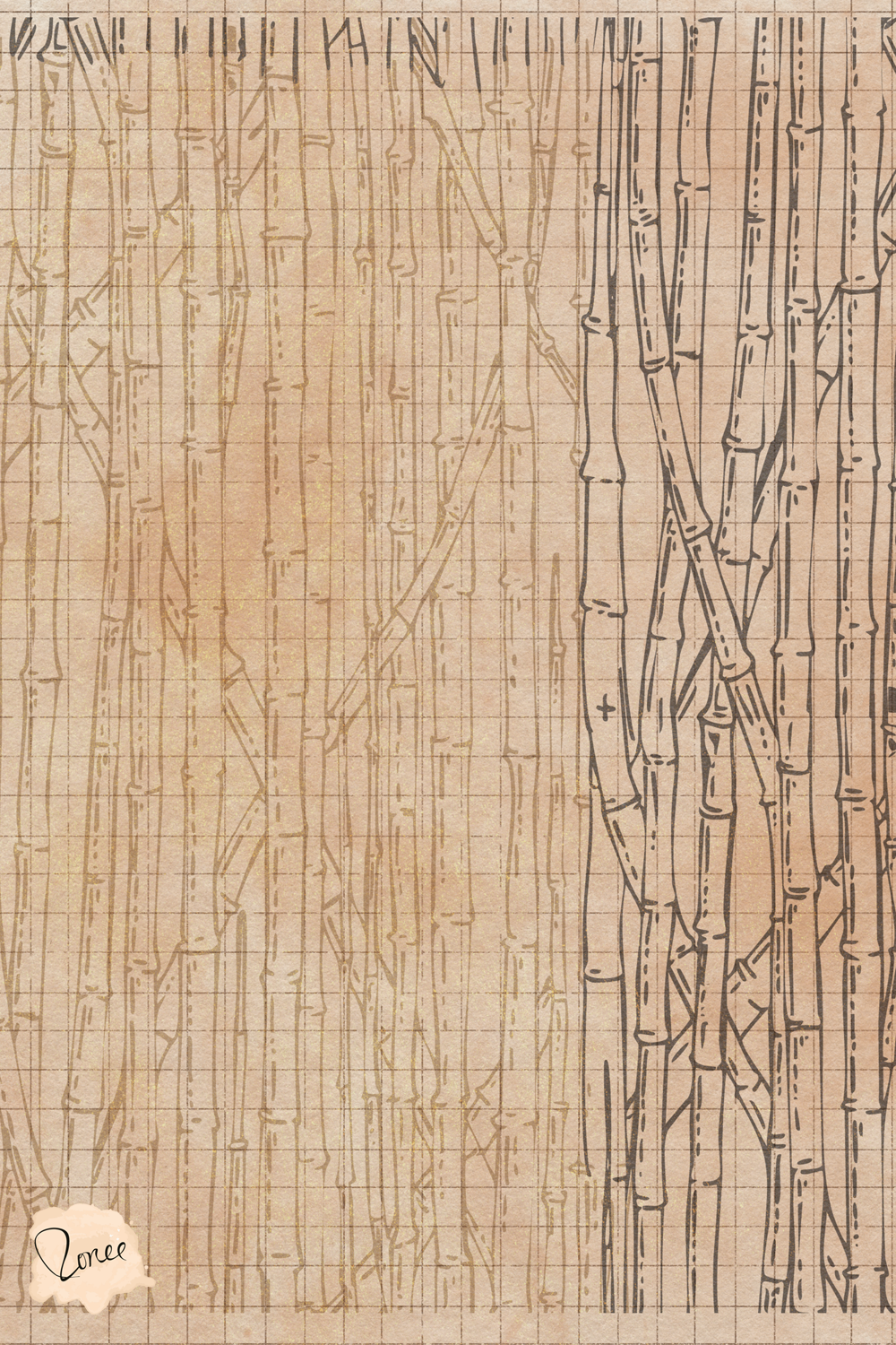 Sketchbook page with roughly sketched bamboo organized into an all over repeat, on a worn graph background covered in a splotchy coral ink  wash.