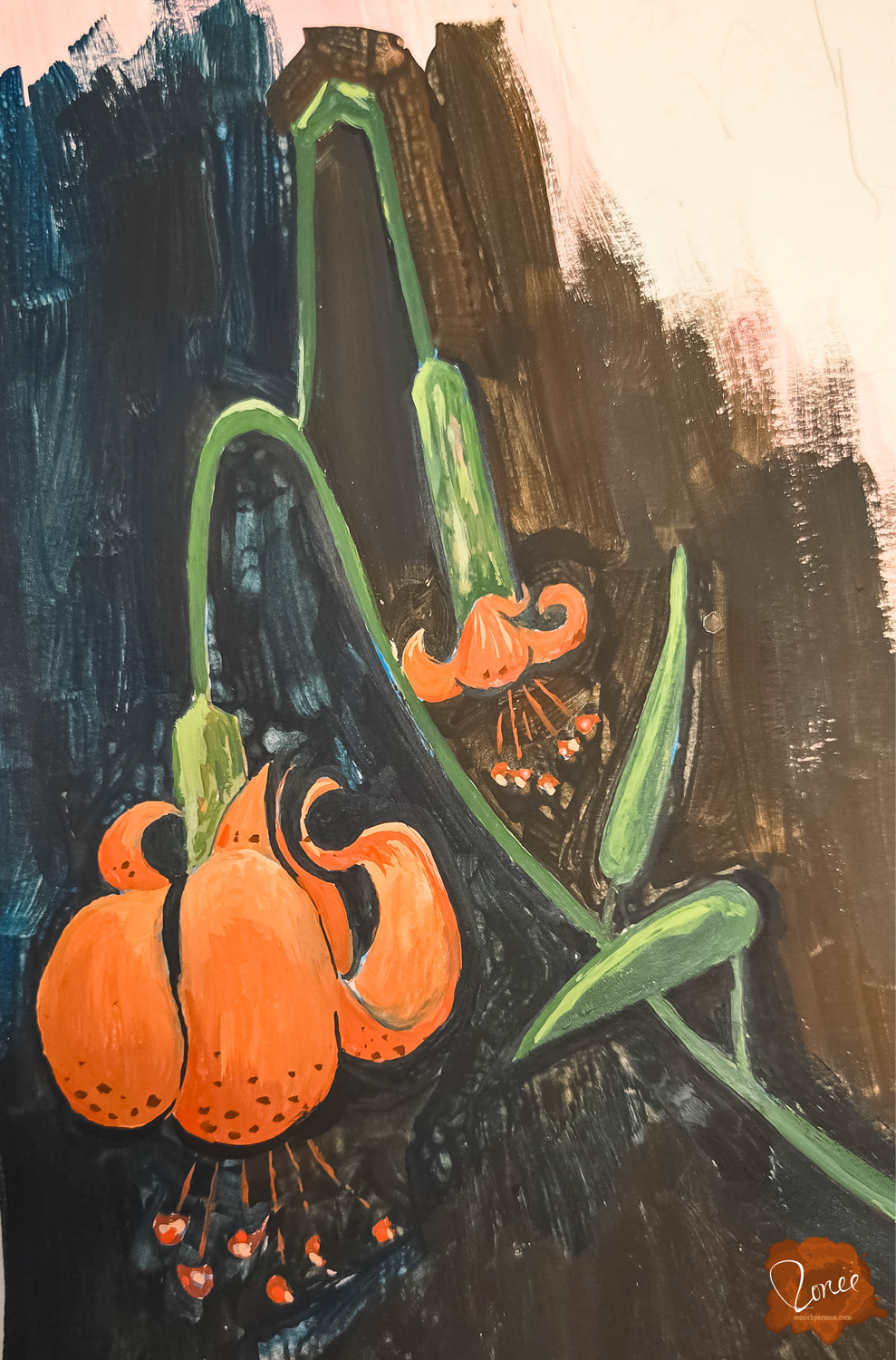 Close up flat lay image of a sketchbook with a gouache lily painting.