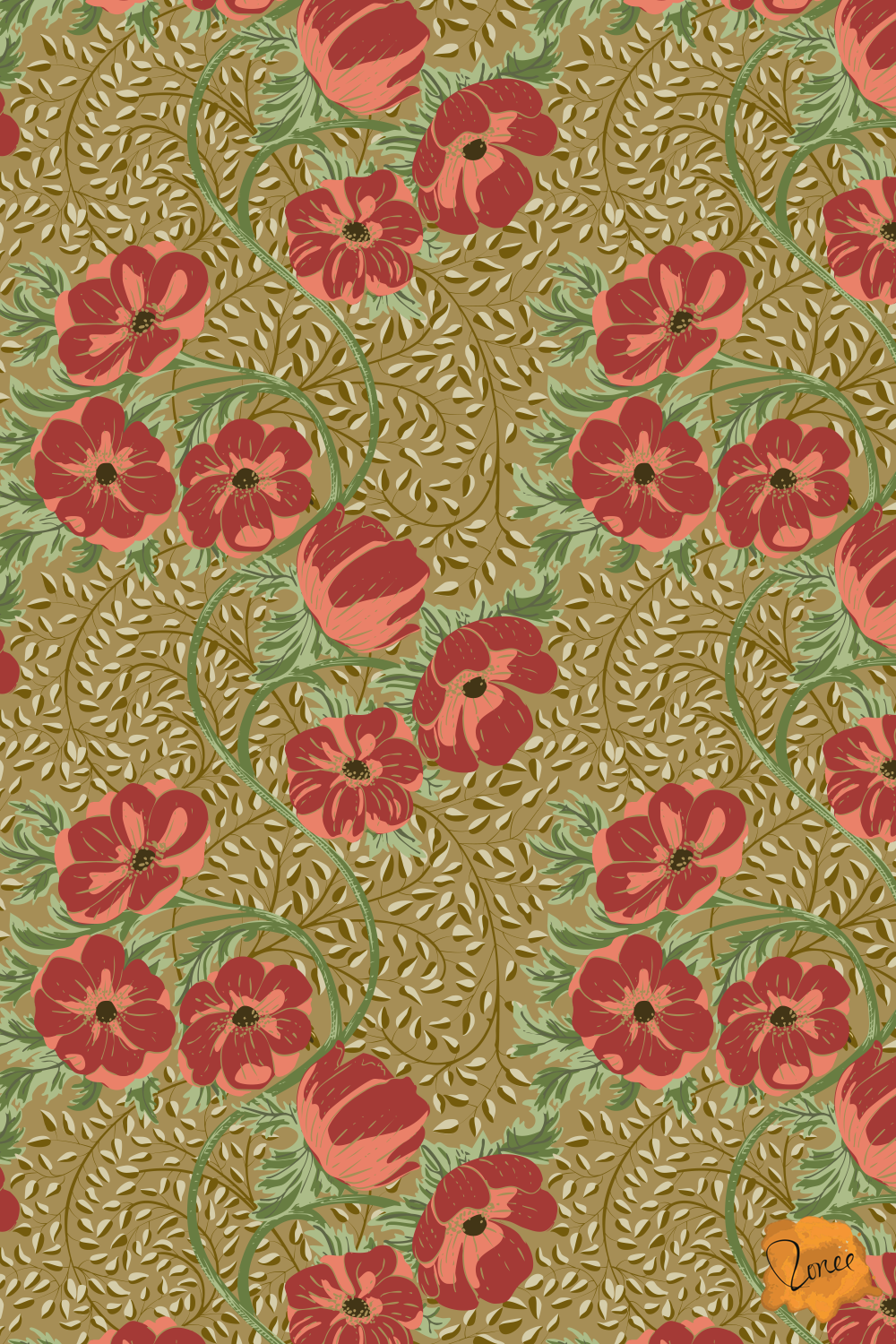 Arts and crafts style rich red poppy floral on olive brown.