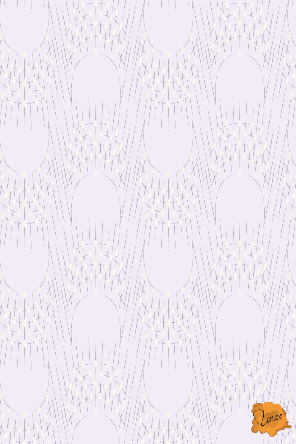 Delicate art deco arches and radisnt starburst lines with sparkling cream diamonds on pale lavender.
