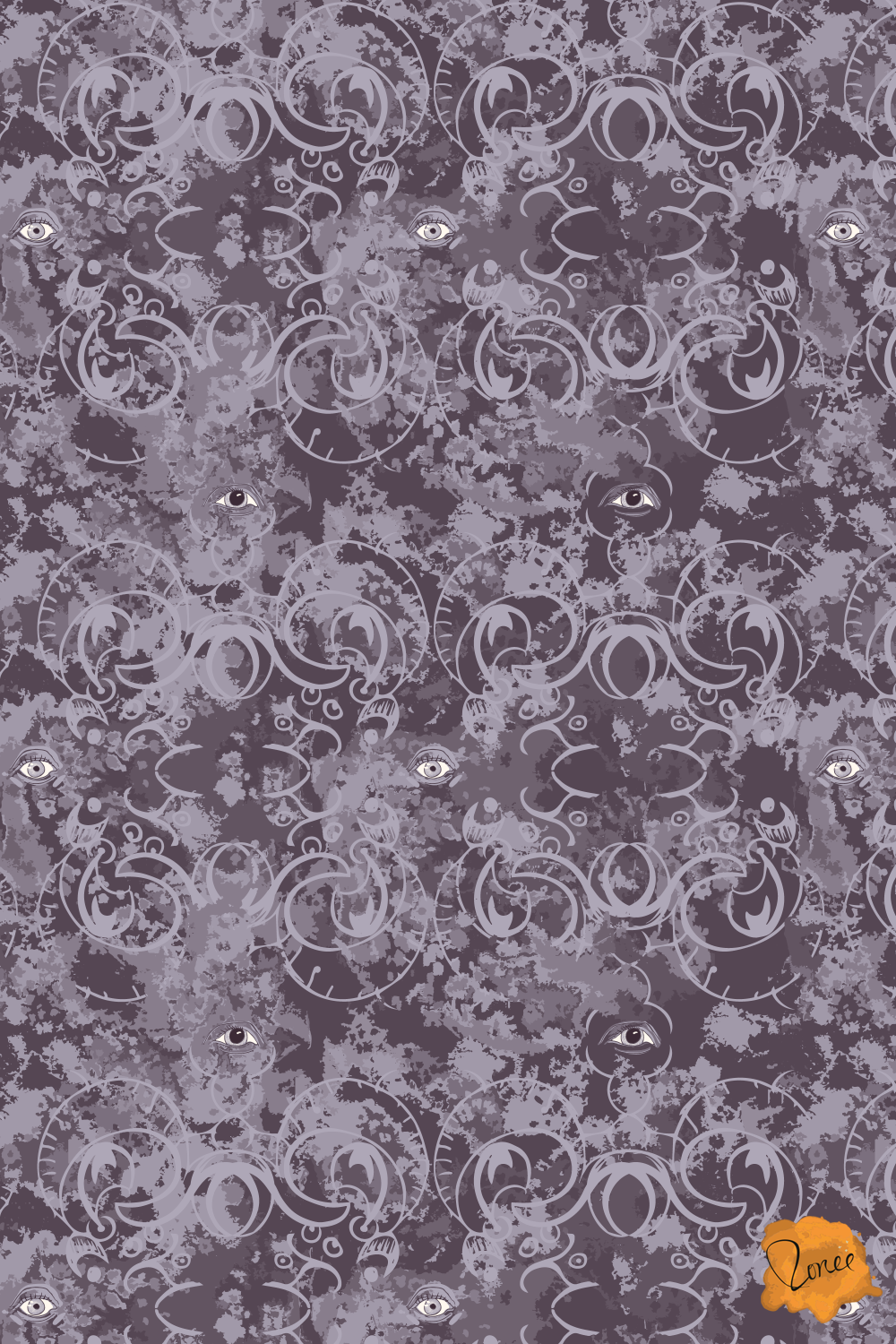 Intricate ornamental filigree and stylized eyes in muted deep purple.