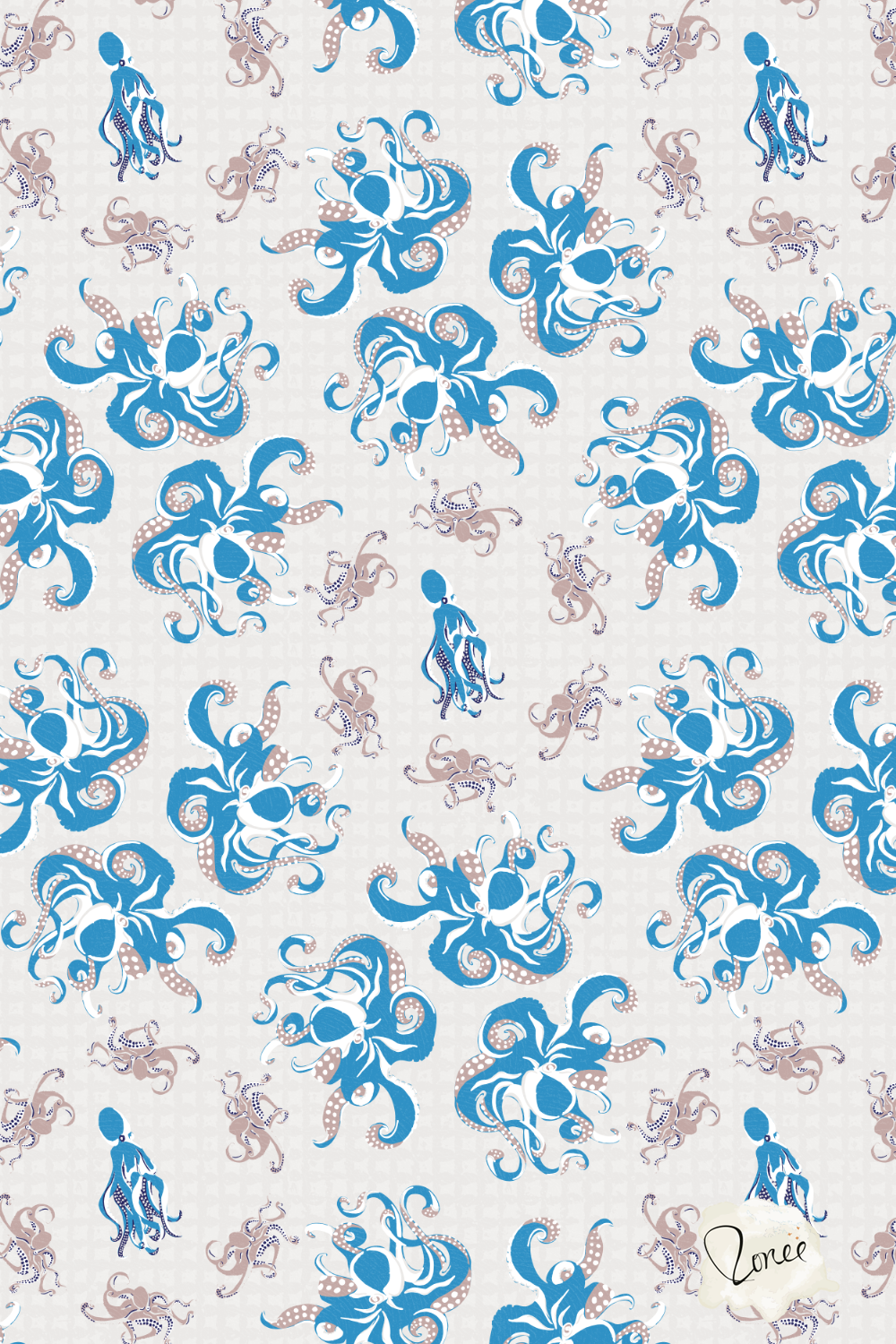 Blue and taupe octopus and squid with curling tentacles on an off white textured background.