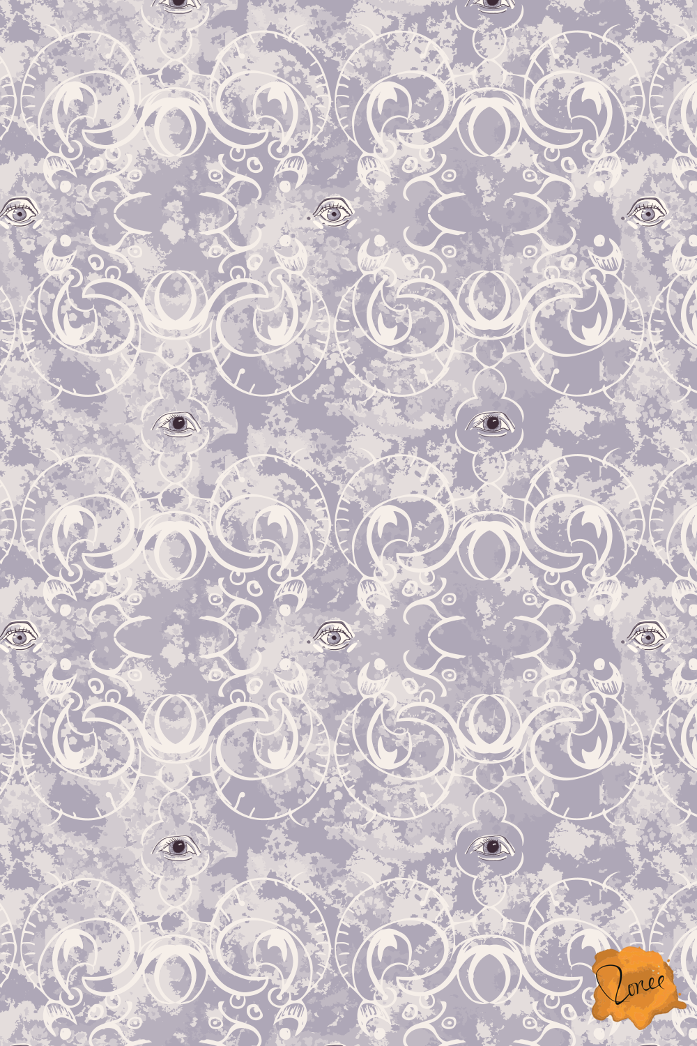 Intricate ornamental filigree and stylized eyes in muted lavender and cream on a distressed, vintage-inspired background.
