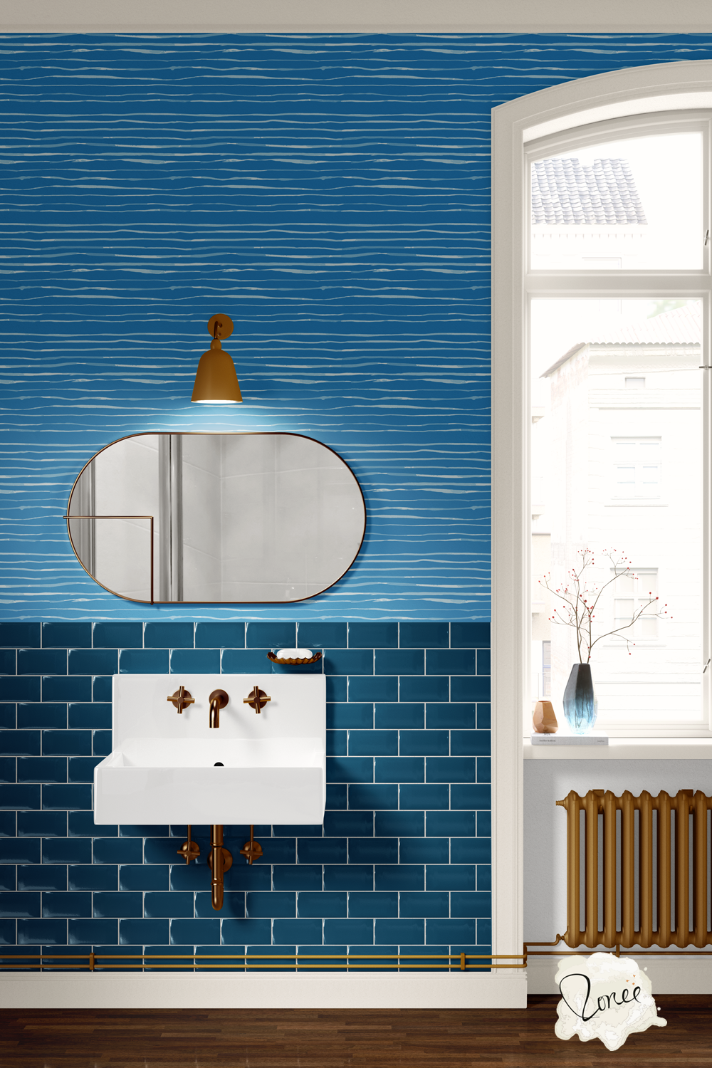 Vintage bathroom with dark sea blue subway tiles and coastal blue organic striped wallpaper.