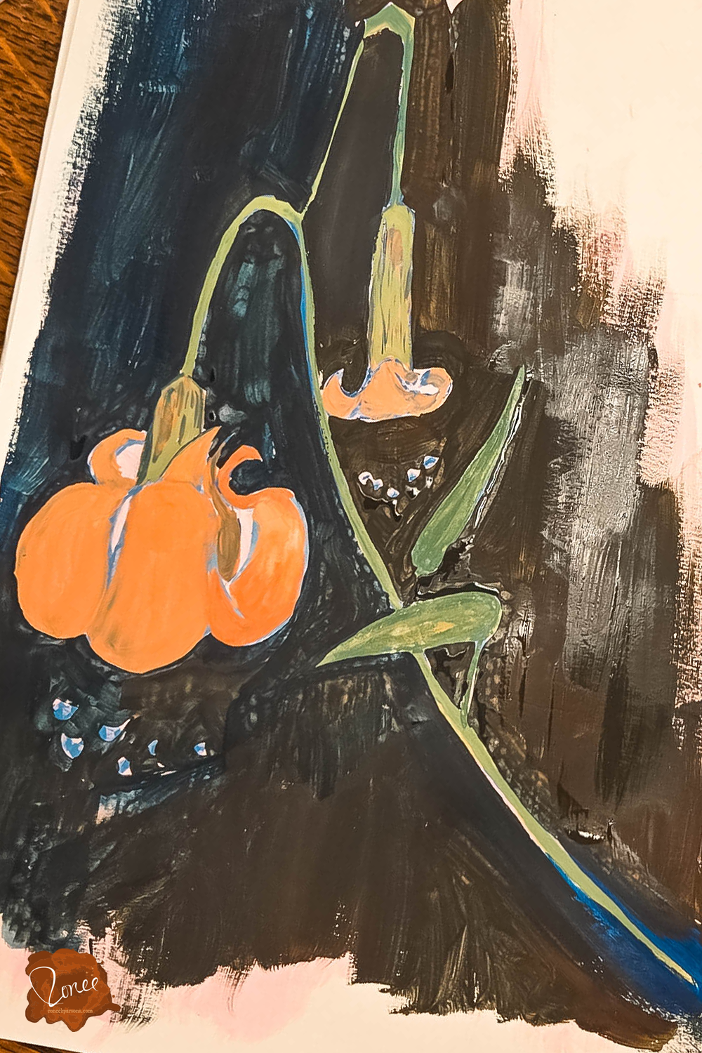 Close up flat lay image of a sketchbook with a gouache lily painting in progress orange with a roughly painted black background.