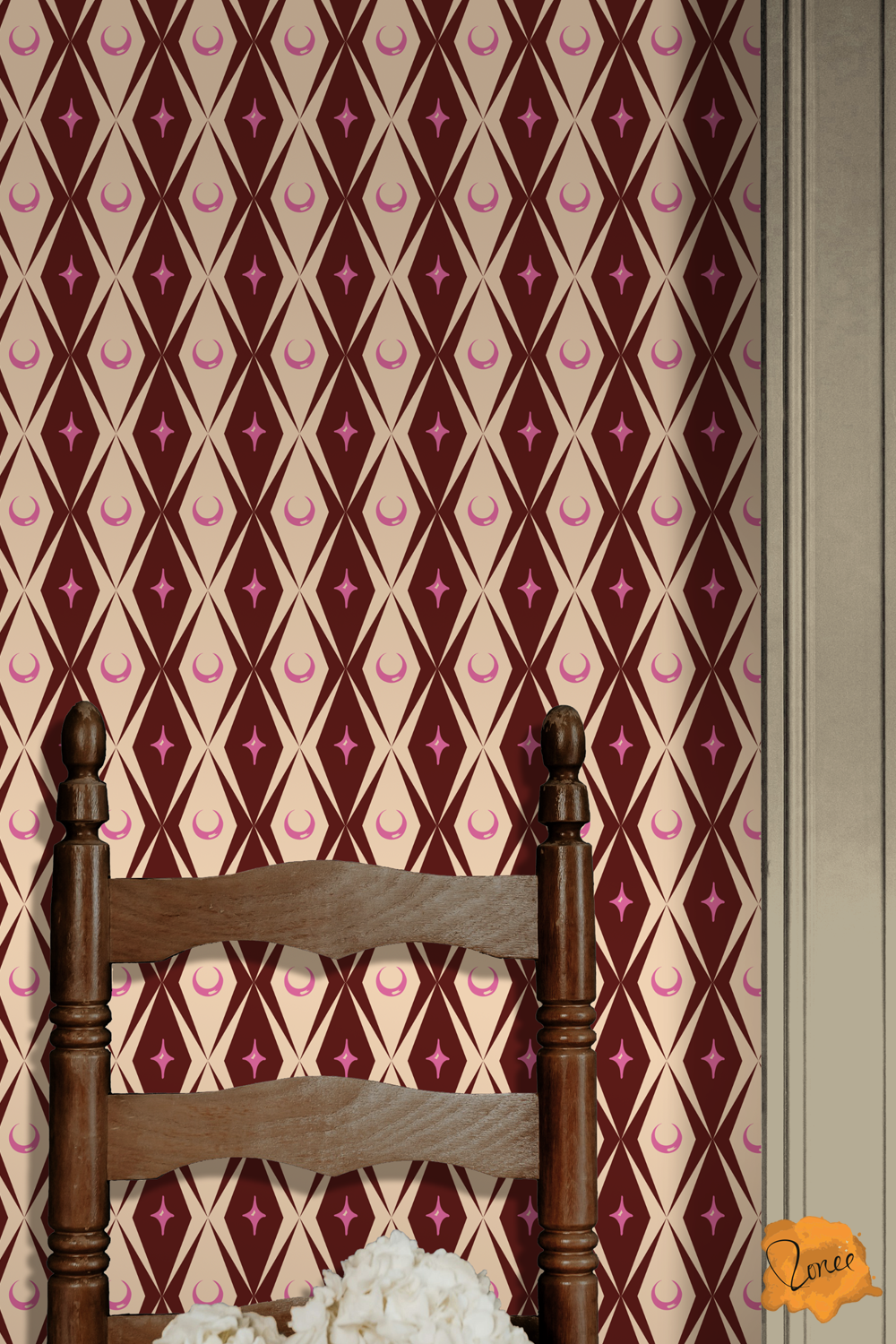 Celestial Moons and Stars in Burgundy and Cream with Pink Accents