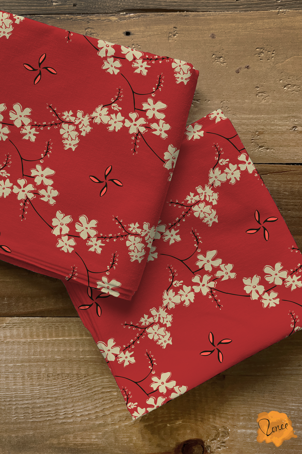 Cream floral branches on Dark Cherry Red 