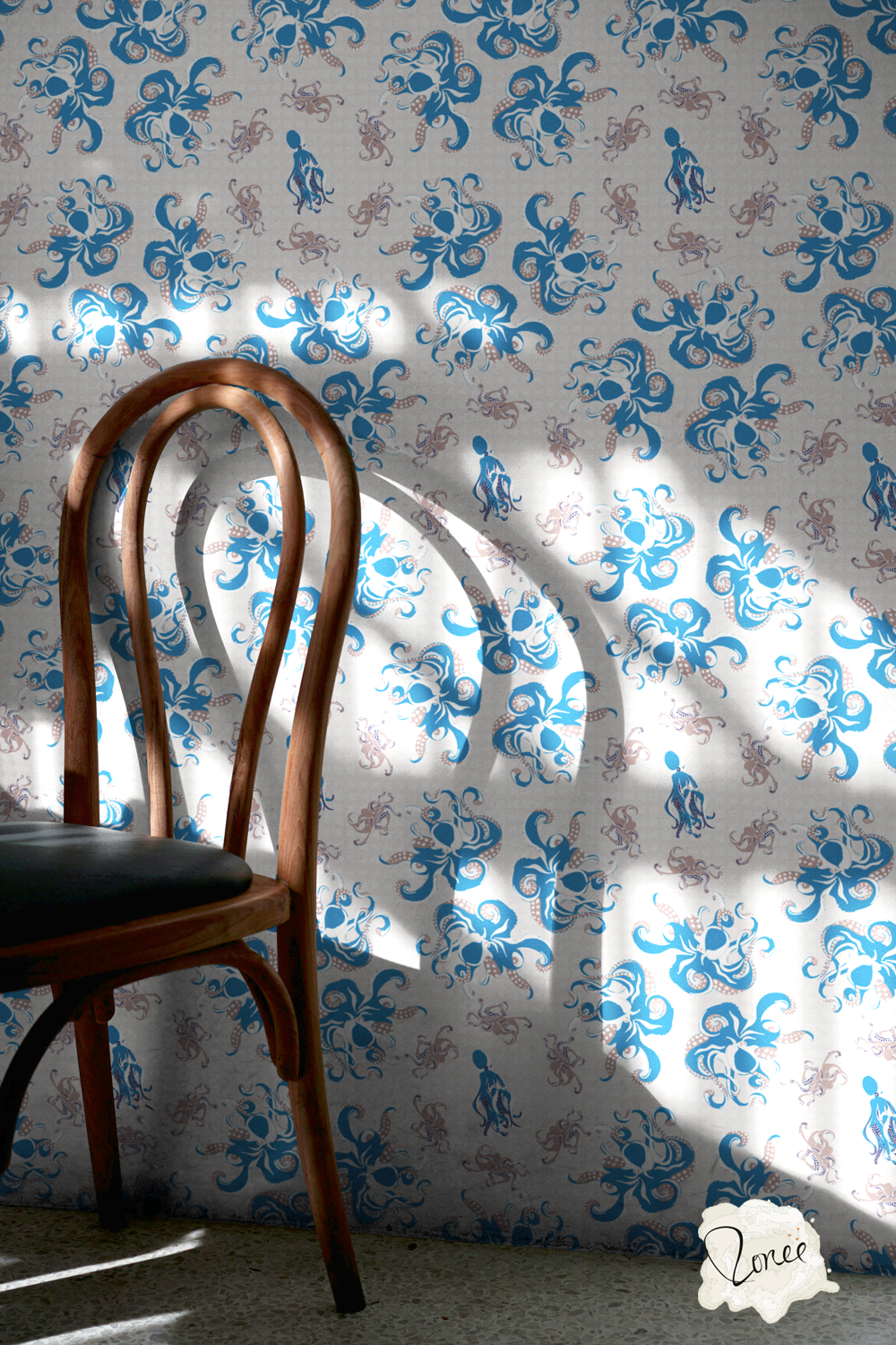 Blue and taupe octopus and squid wallpaper behind a cafe chair with light coming in from the left.