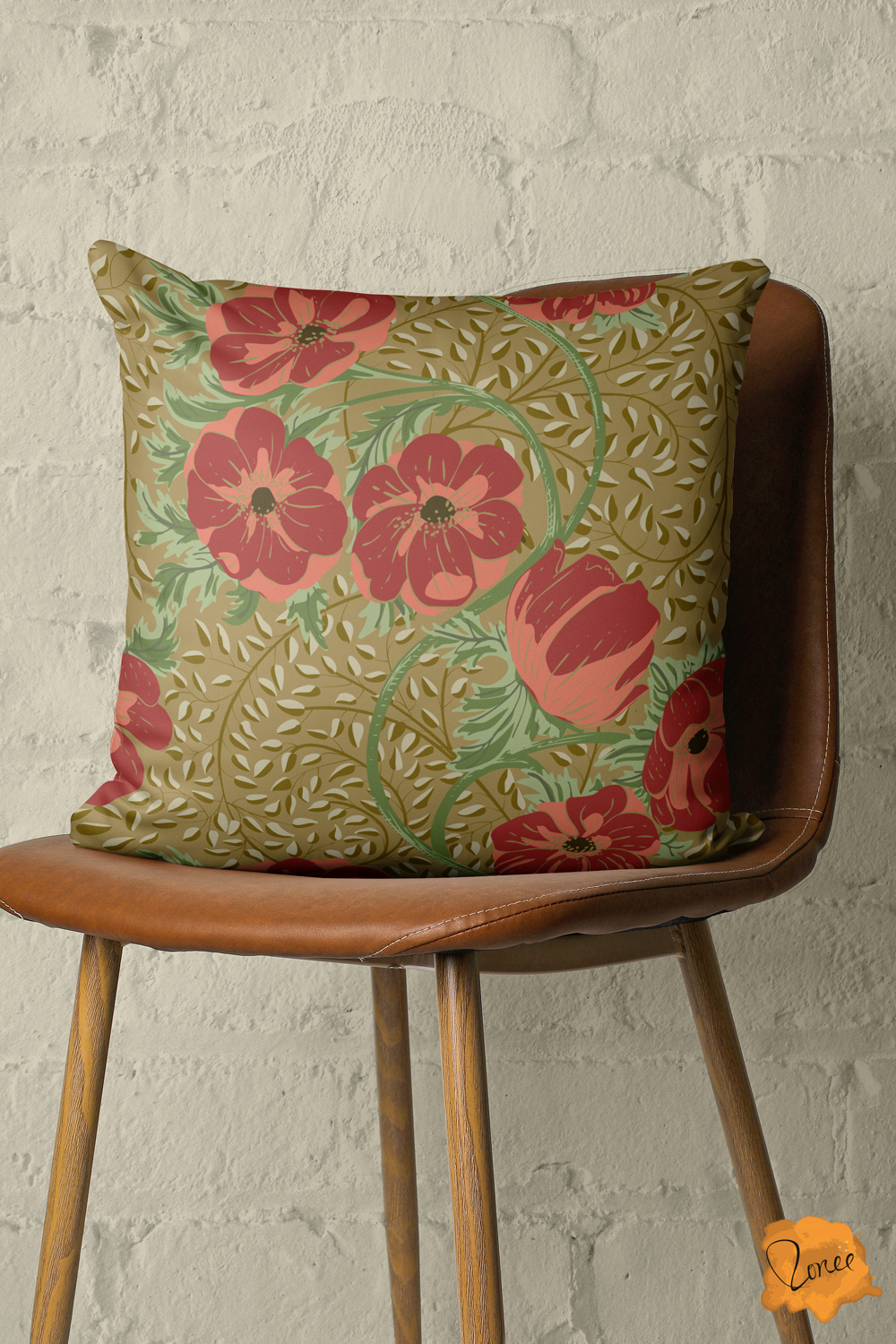 Arts and Crafts Poppies  Olive Brown - Vintage Botanical Inspired