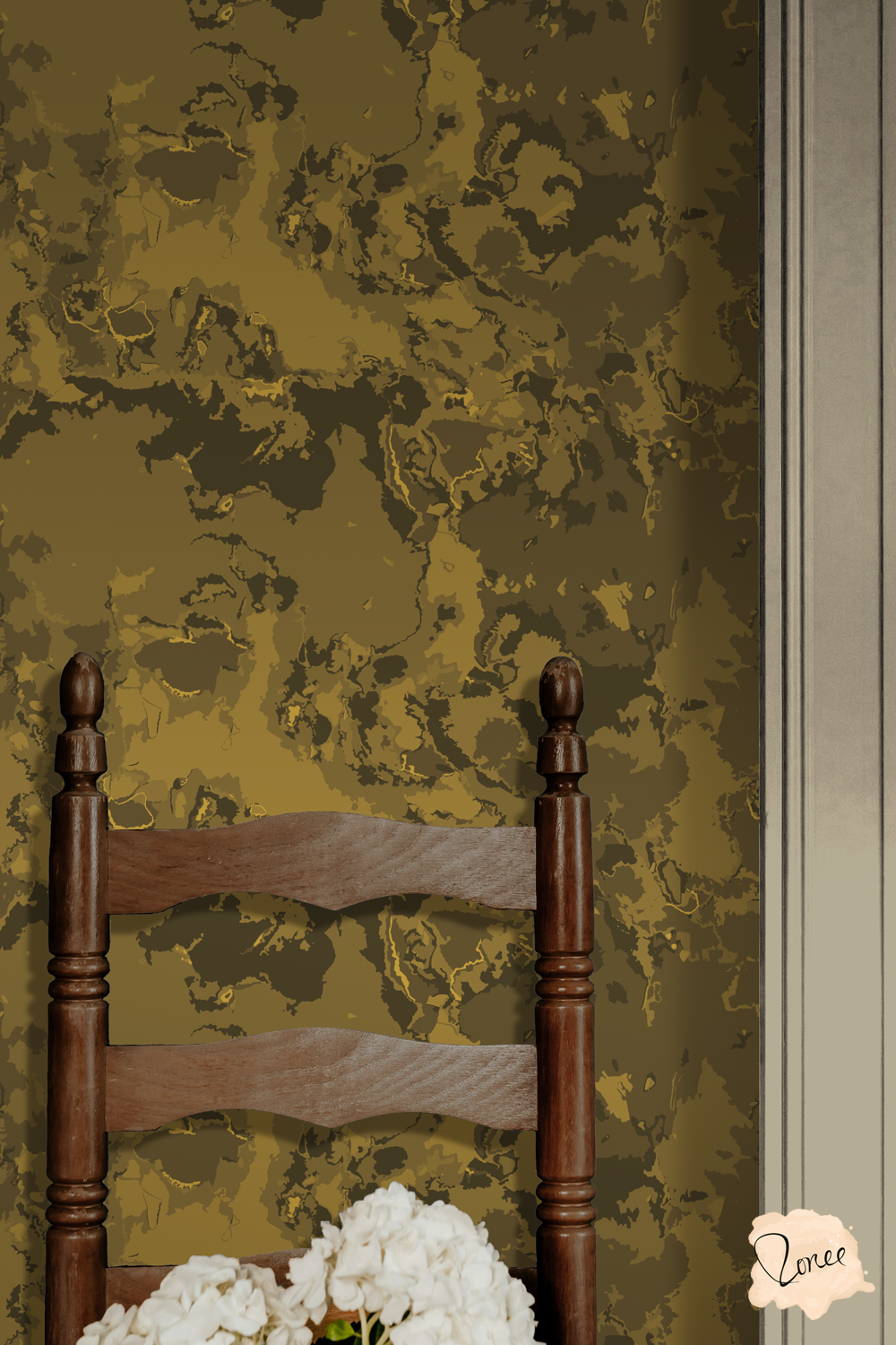 Moderrn abstract golden brown textured wallpaper behind an antique wood chair with a door jam to the right.