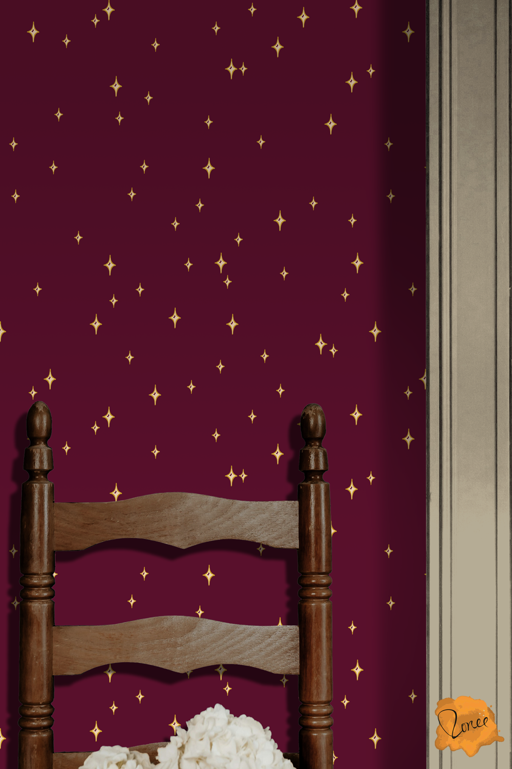 Starry Night sky with yellow gold stars on deep burgundy wallpaper behind and antique chair with a door jam to the right.