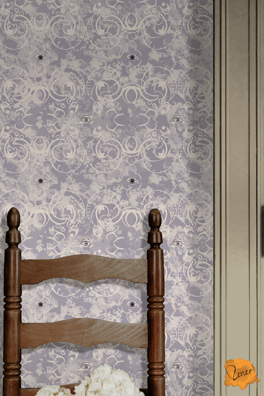 Mystical lavender gothic ornamental wallpaper behind an antique chair with a door jam on the right.