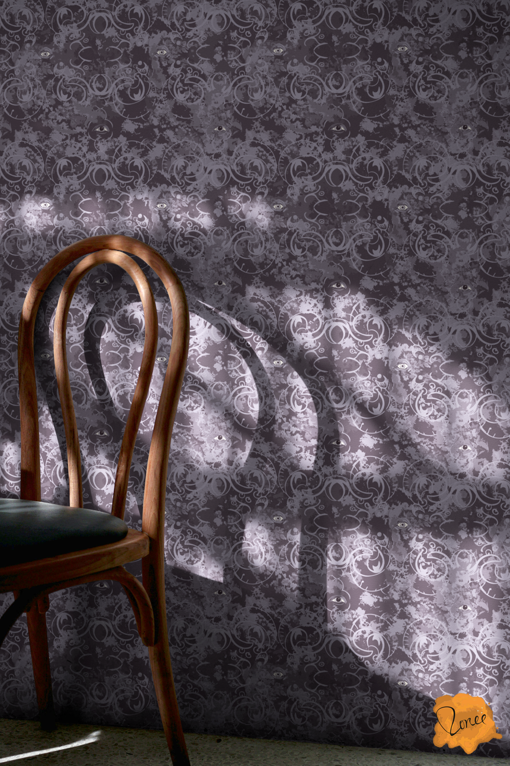 Mystical deep purple gothic ornamental wallpaper behind a cafe chair with sunlight coming in from the left.