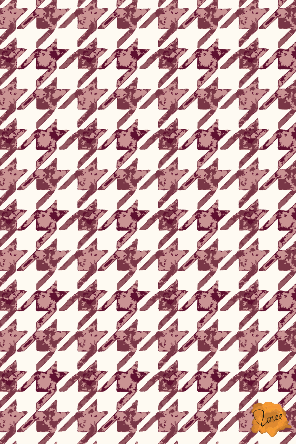 Painterly houndstooth shapes in burgundy and mauve on off white, with a rustic, hand-painted texture.