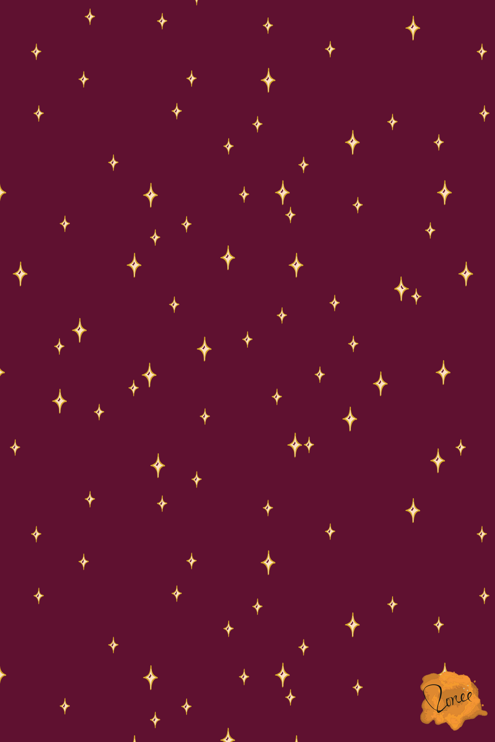 Scattered yellow gold four-pointed stars with white highlights glow across a deep burgundy night sky.